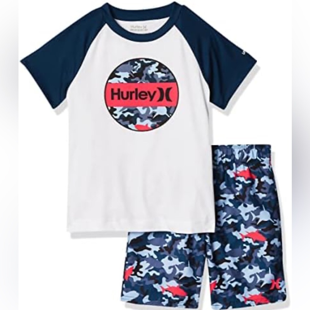 NWT- 4T Hurley swim trunks with 50+ UPF matching swim shirt.